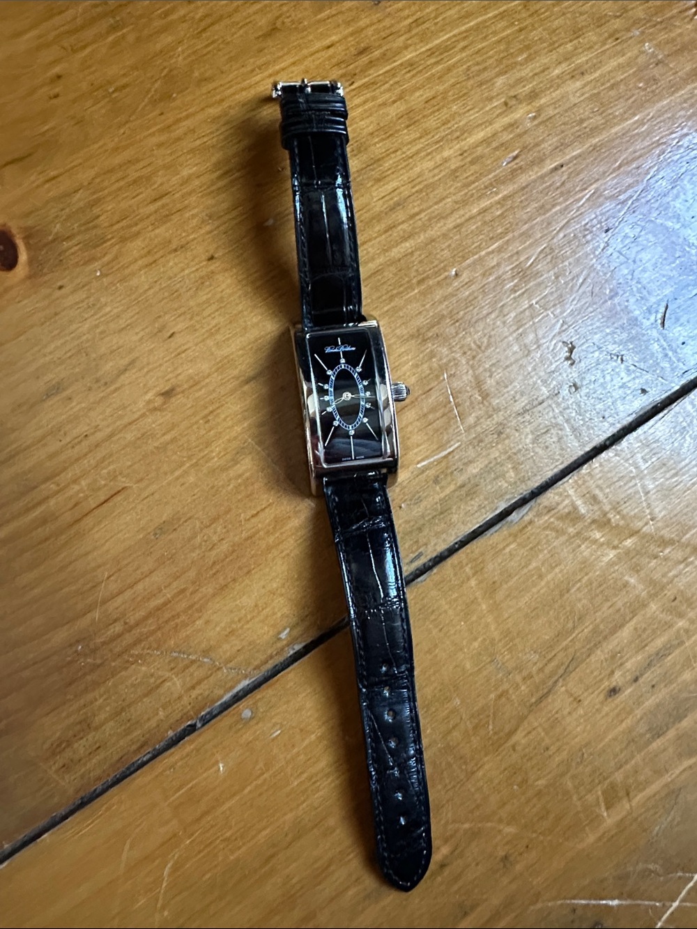 Brooks Brothers Black Dial Silver-Tone Rectangular Alligator Dress Watch